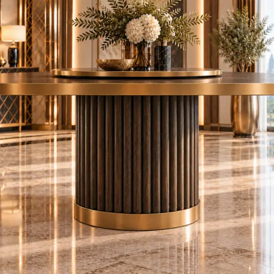 Close view of the fluted dining table pedestal with a gold-toned base band