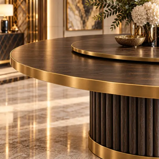 Close view of the round tabletop edge and warm gold-toned trim