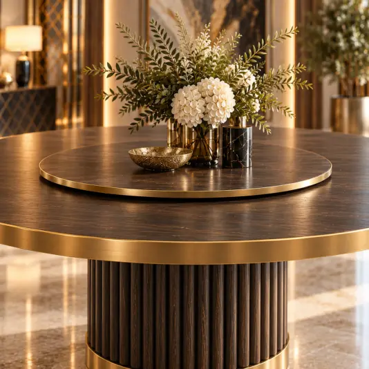 Raised circular centre on the dark wood-toned round dining table