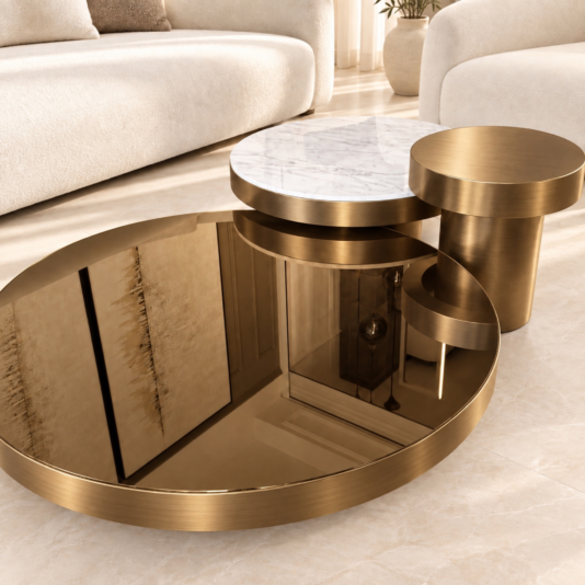 Angled view showing warm reflective glass, white veined porcelain and a matching painted metallic surface