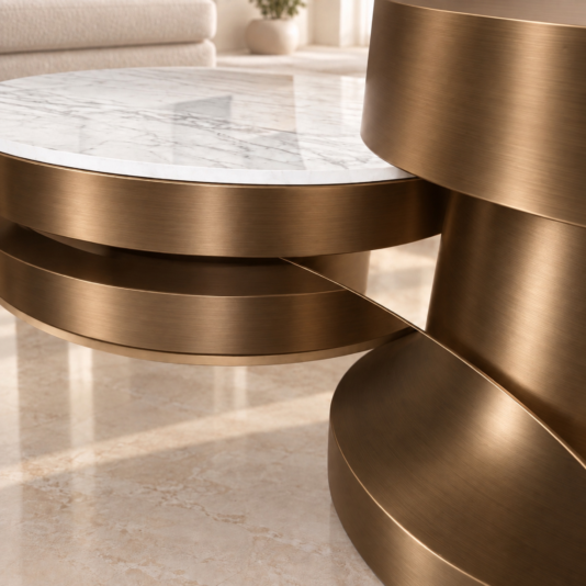 Close-up of a satin painted metallic rim beside a white marble-effect porcelain surface