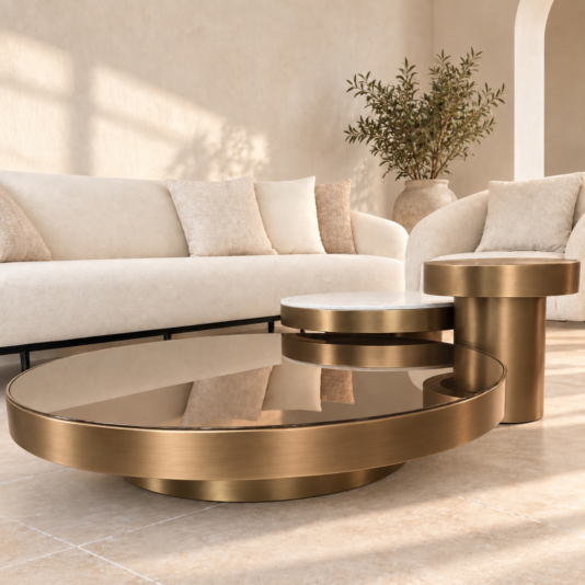 Set of 3 brushed bronze round coffee tables with bronze glass, marble-effect porcelain and a fully brushed-bronze small table.