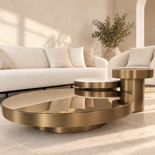 Layered trio in a neutral living room with coordinating satin metallic bases