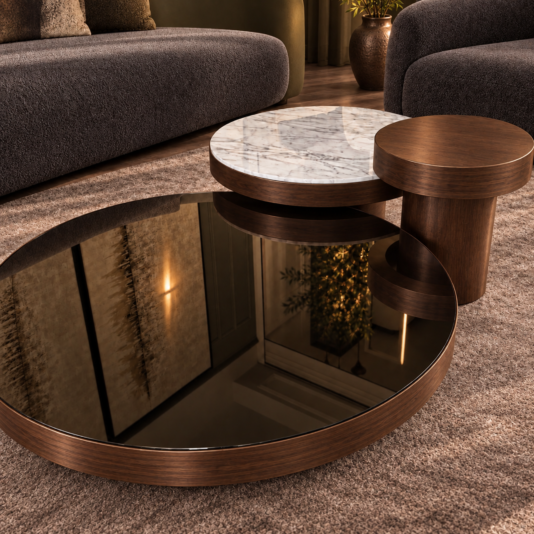 Set Of 3 Round Walnut Coffee Tables Angled view of reflective bronze glass and white porcelain surfaces with coordinating brown wood veneer rims.