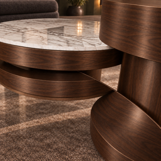 Set Of 3 Round Walnut Coffee Tables Close-up of brown walnut grain, a white veined porcelain edge and reflections in the glass surface.