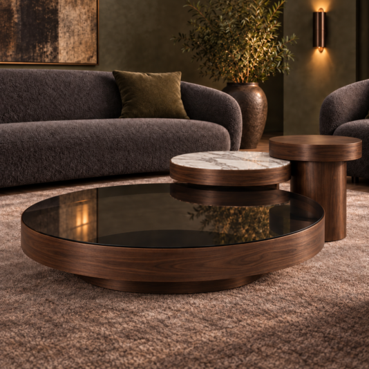 Walnut coffee table set with a recessed circular plinth, bronze glass, white marble effect porcelain and matching brown wood veneer.