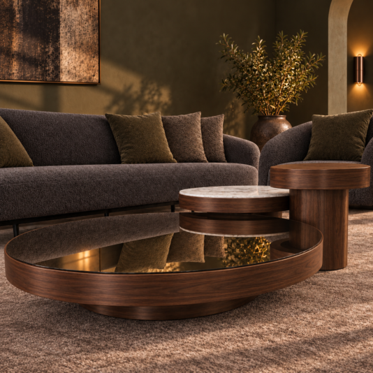 Set Of 3 Round Walnut Coffee Tables Three circular tables with matching brown veneer bases arranged at different heights in a dark olive living room.