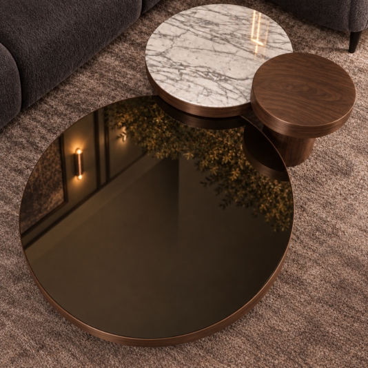 Set Of 3 Round Walnut Coffee Tables Overhead view of a walnut and glass coffee table beside white veined porcelain and a smaller walnut veneer top.